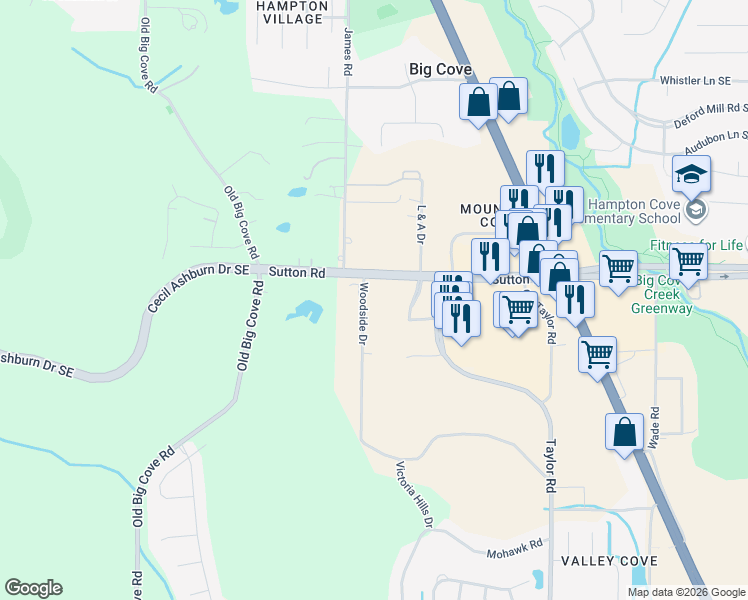 map of restaurants, bars, coffee shops, grocery stores, and more near 129 Woodside Drive in Owens Cross Roads