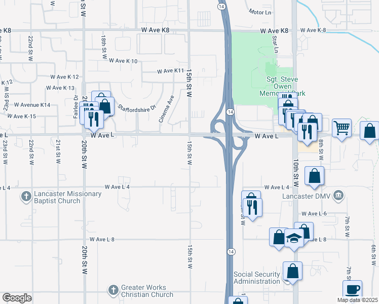 map of restaurants, bars, coffee shops, grocery stores, and more near 42652 15th Street West in Lancaster