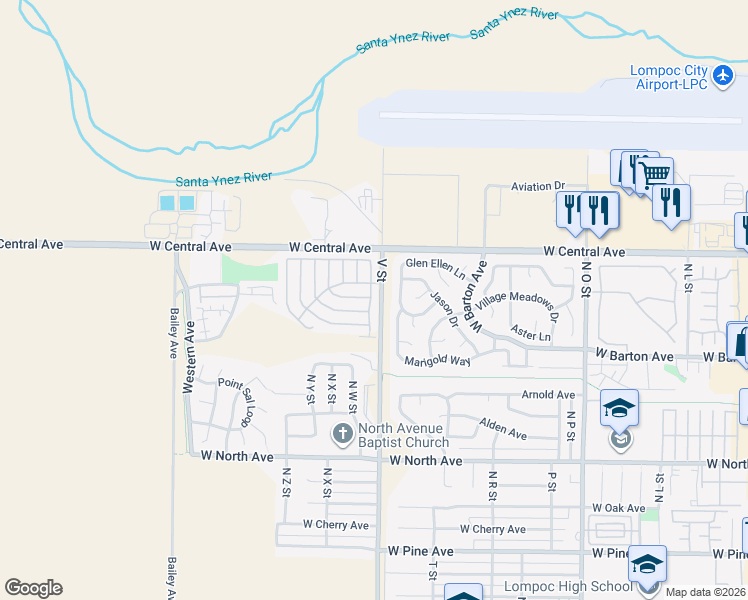 map of restaurants, bars, coffee shops, grocery stores, and more near 1317 V Street in Lompoc