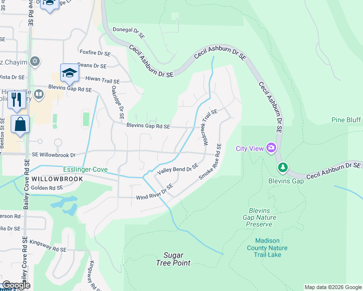 map of restaurants, bars, coffee shops, grocery stores, and more near 7811 Bridgewell Run Southeast in Huntsville
