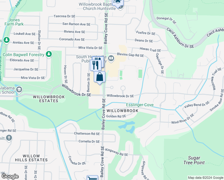 map of restaurants, bars, coffee shops, grocery stores, and more near 1205 Bailey Cove Circle Southeast in Huntsville