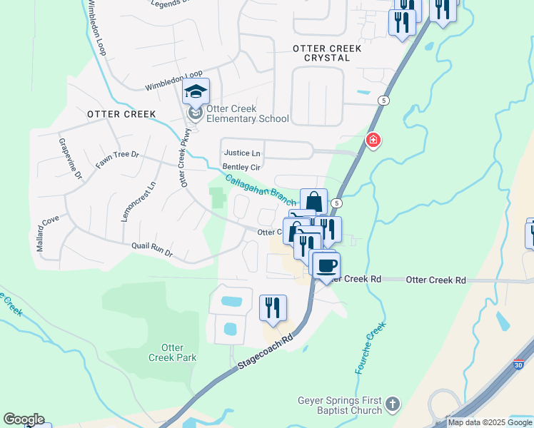 map of restaurants, bars, coffee shops, grocery stores, and more near 5 Courtside Place in Little Rock