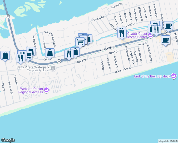 map of restaurants, bars, coffee shops, grocery stores, and more near 105 Wiley Court in Emerald Isle