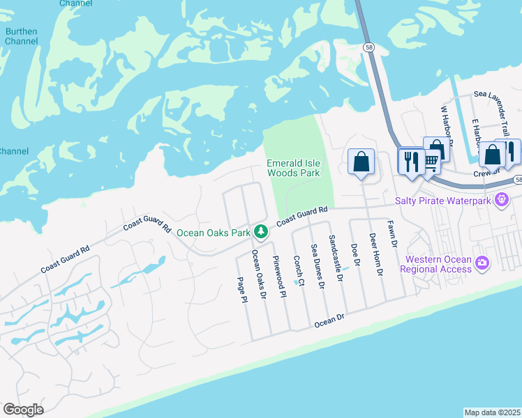 map of restaurants, bars, coffee shops, grocery stores, and more near 311 Cape Lookout Loop in Emerald Isle