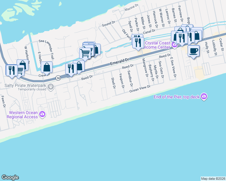 map of restaurants, bars, coffee shops, grocery stores, and more near 103 Shell Dr in Emerald Isle