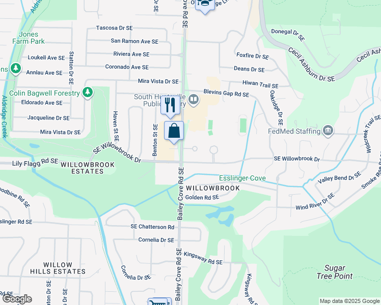 map of restaurants, bars, coffee shops, grocery stores, and more near 1205 Bailey Cove Circle Southeast in Huntsville