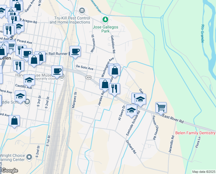 map of restaurants, bars, coffee shops, grocery stores, and more near 600 Reinken Avenue in Belen