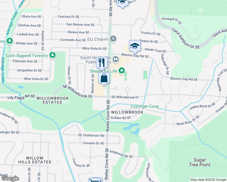 map of restaurants, bars, coffee shops, grocery stores, and more near 7901 Bailey Cove Road Southeast in Huntsville