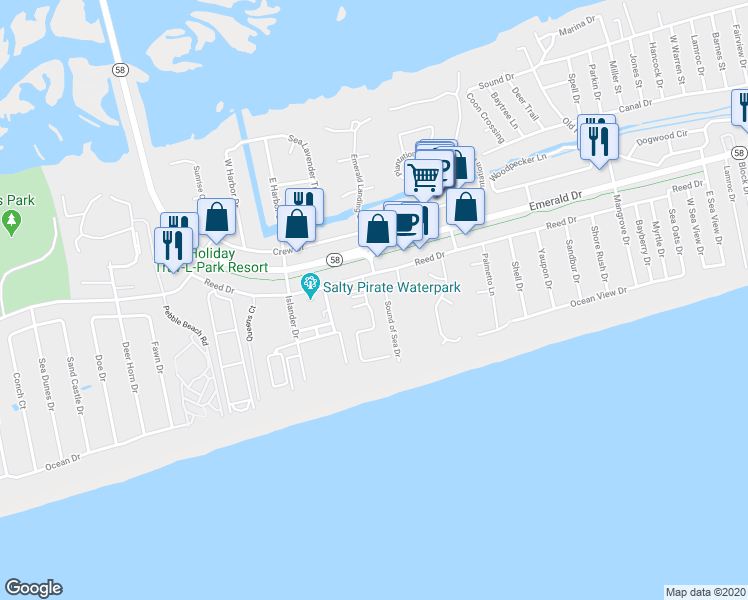 map of restaurants, bars, coffee shops, grocery stores, and more near 132 Janell Lane in Emerald Isle