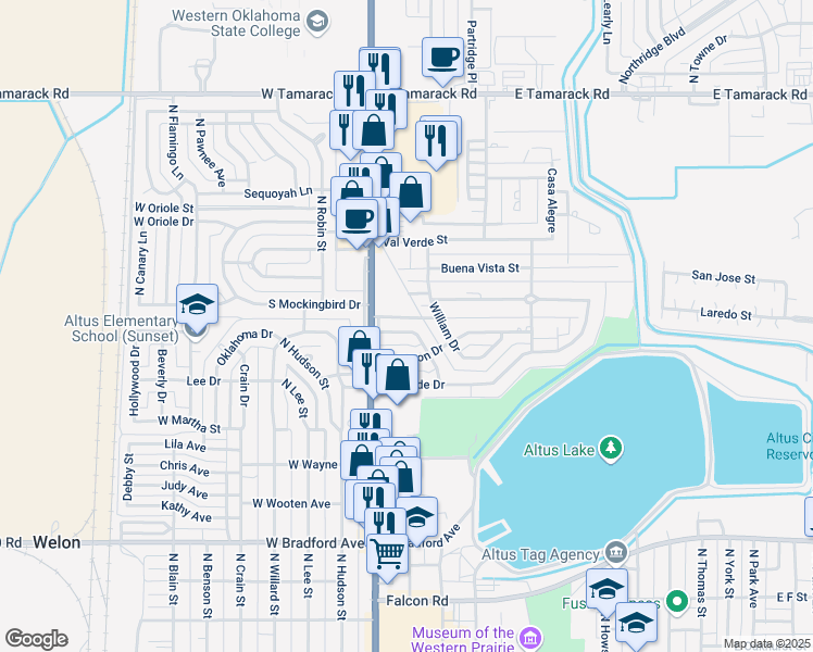 map of restaurants, bars, coffee shops, grocery stores, and more near 118 Sumner Drive in Altus