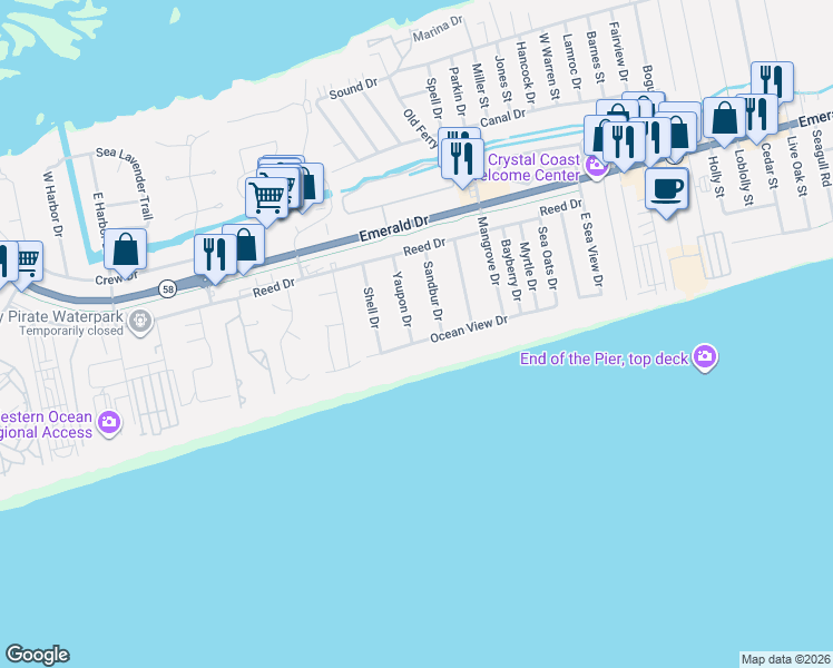 map of restaurants, bars, coffee shops, grocery stores, and more near 8626 Ocean View Drive in Emerald Isle
