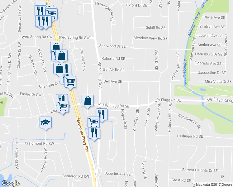 map of restaurants, bars, coffee shops, grocery stores, and more near 8104 Strong Drive Southeast in Huntsville