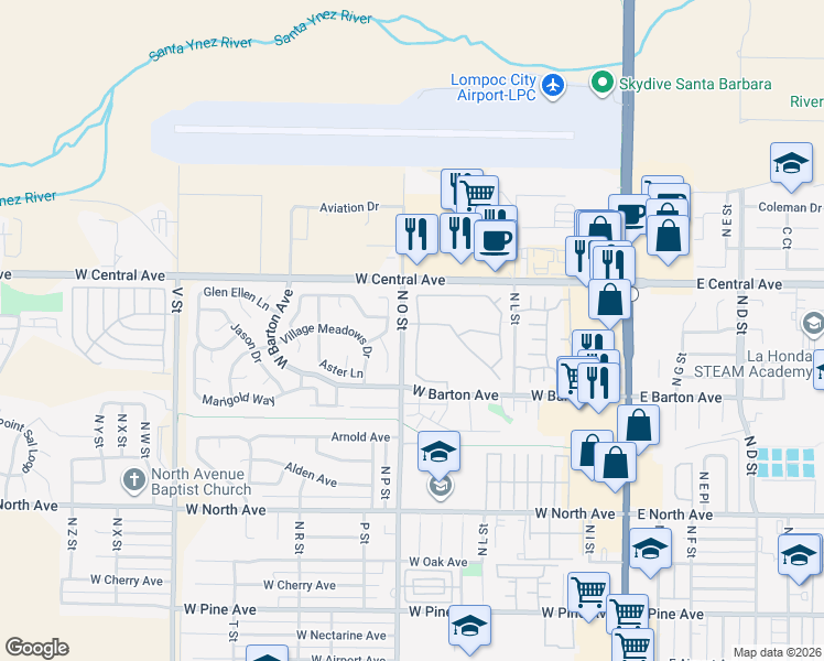 map of restaurants, bars, coffee shops, grocery stores, and more near 1316 Viola Way in Lompoc