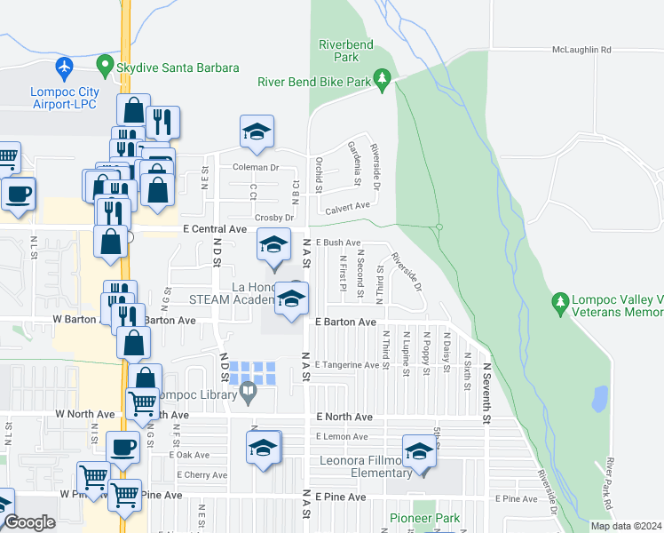 map of restaurants, bars, coffee shops, grocery stores, and more near 1304 Orchid Street in Lompoc