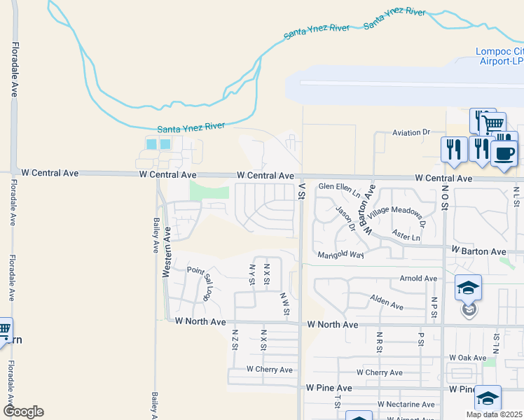 map of restaurants, bars, coffee shops, grocery stores, and more near 1317 V Street in Lompoc