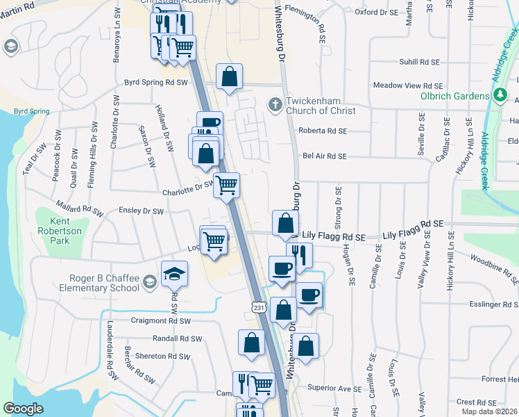 map of restaurants, bars, coffee shops, grocery stores, and more near 8148 Oldfield Road Southwest in Huntsville