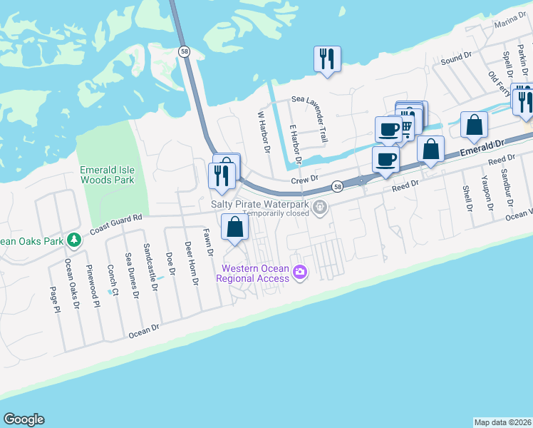 map of restaurants, bars, coffee shops, grocery stores, and more near 9102 Reed Drive in Emerald Isle