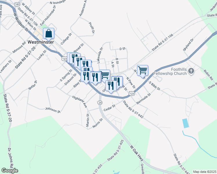 map of restaurants, bars, coffee shops, grocery stores, and more near 112 Oak Street in Westminster