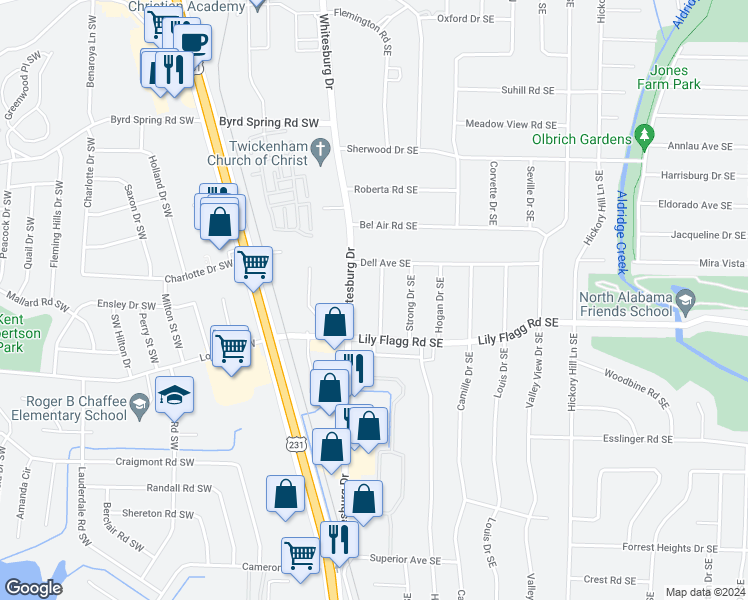 map of restaurants, bars, coffee shops, grocery stores, and more near 8104 Warden Drive Southeast in Huntsville