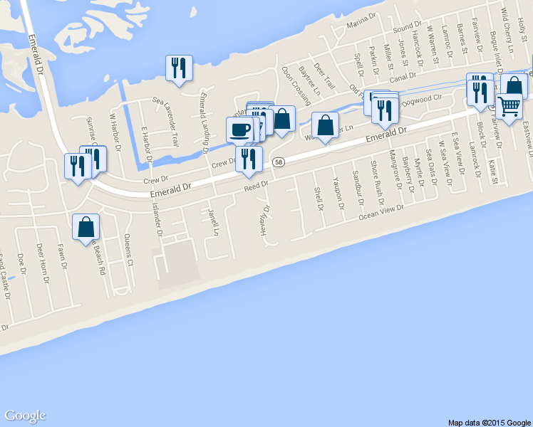 map of restaurants, bars, coffee shops, grocery stores, and more near 105 Wiley Court in Emerald Isle