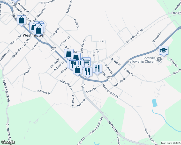 map of restaurants, bars, coffee shops, grocery stores, and more near 112 Oak Street in Westminster