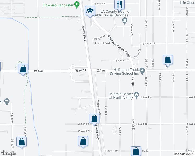 map of restaurants, bars, coffee shops, grocery stores, and more near 42736 Valley Line Road in Lancaster