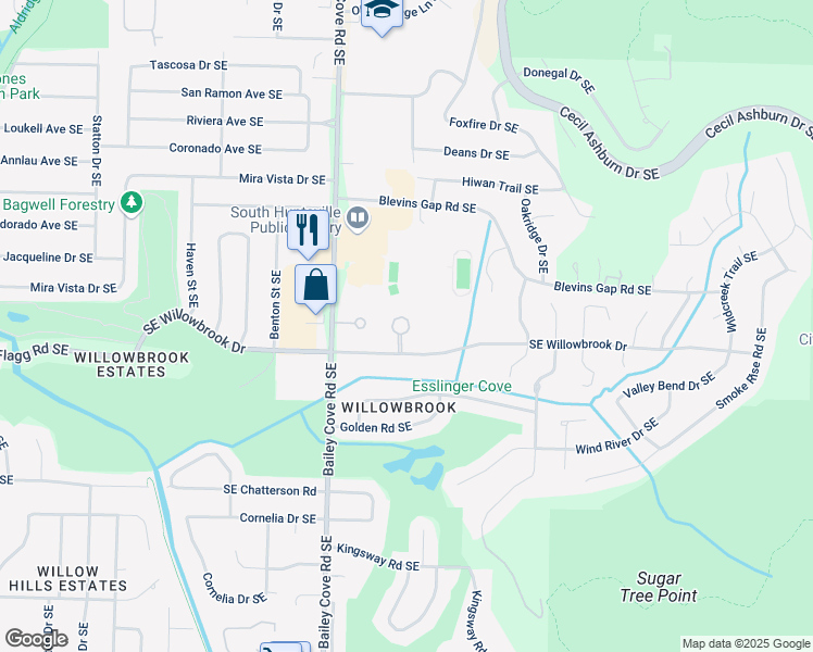 map of restaurants, bars, coffee shops, grocery stores, and more near 8205 Willowbrook Circle Southeast in Huntsville