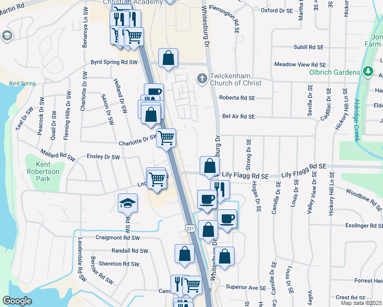 map of restaurants, bars, coffee shops, grocery stores, and more near 8148 Oldfield Road Southwest in Huntsville