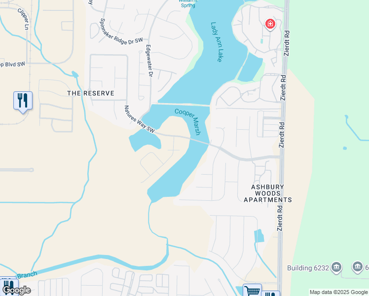 map of restaurants, bars, coffee shops, grocery stores, and more near 101 Willow Lake Circle Southwest in Huntsville
