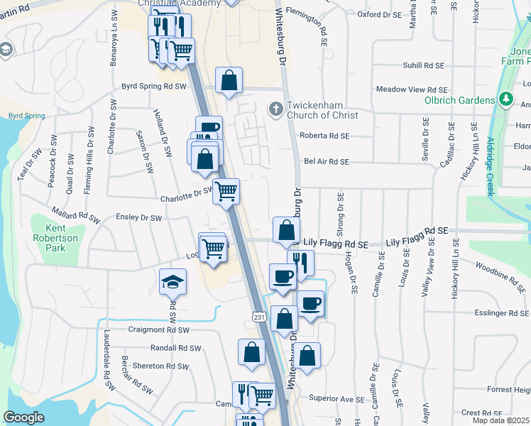map of restaurants, bars, coffee shops, grocery stores, and more near 8148 Oldfield Road Southwest in Huntsville