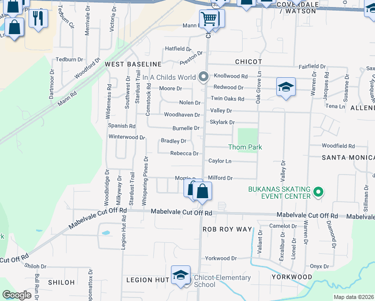 map of restaurants, bars, coffee shops, grocery stores, and more near 7702 Rebecca Drive in Little Rock