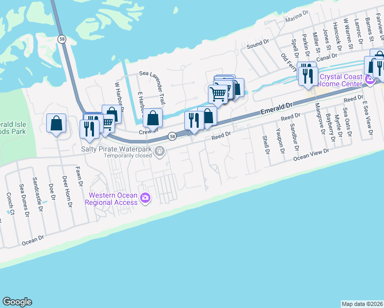map of restaurants, bars, coffee shops, grocery stores, and more near 130 Janelle Lane in Emerald Isle