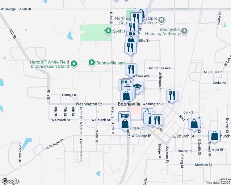 map of restaurants, bars, coffee shops, grocery stores, and more near 201-299 N 3rd St in Booneville