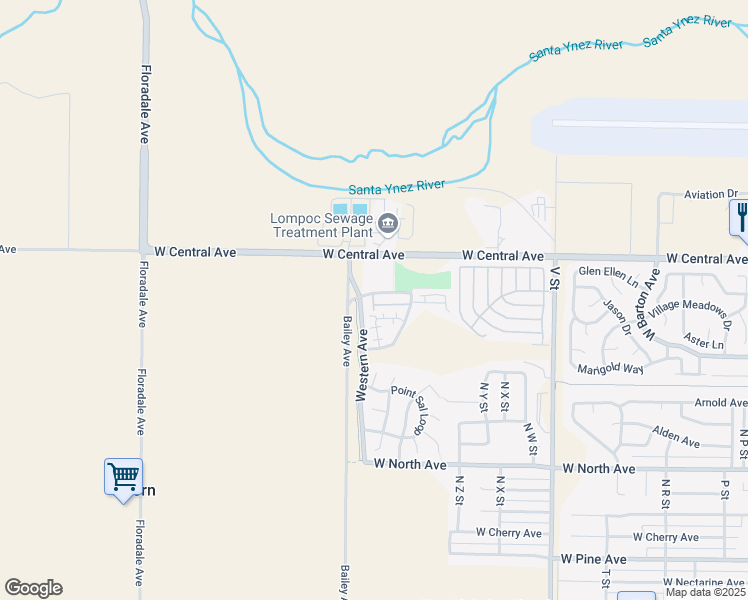 map of restaurants, bars, coffee shops, grocery stores, and more near 2249 Meridian Way in Lompoc