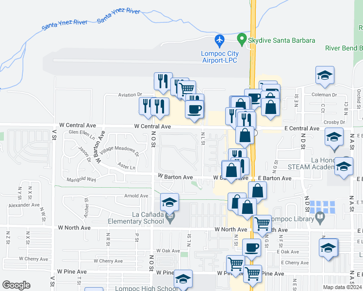 map of restaurants, bars, coffee shops, grocery stores, and more near 537 Brookside Drive in Lompoc