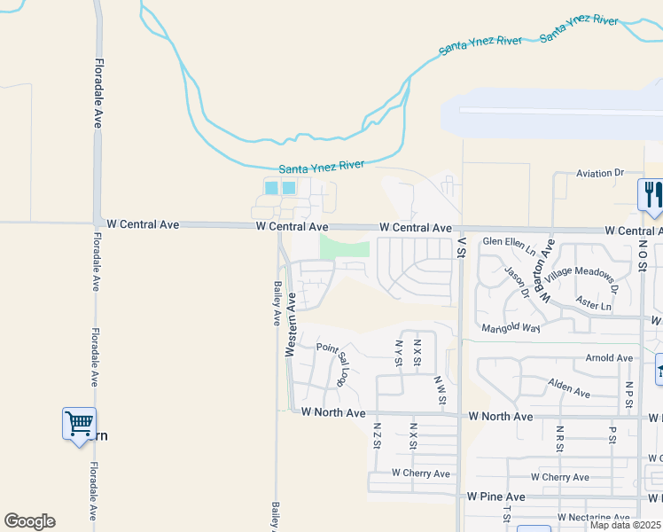map of restaurants, bars, coffee shops, grocery stores, and more near 1321 Briar Creek Way in Lompoc