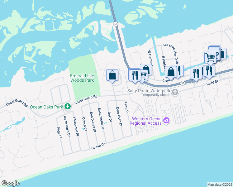 map of restaurants, bars, coffee shops, grocery stores, and more near 9257 Coast Guard Road in Emerald Isle