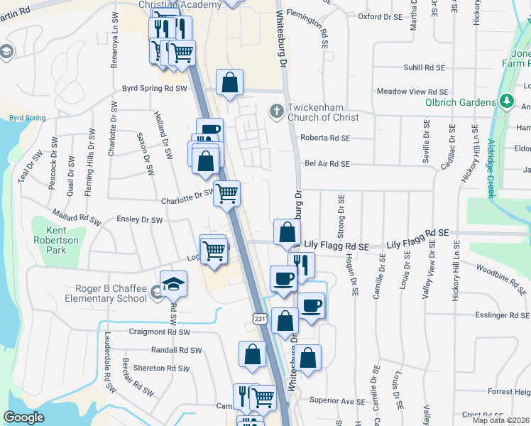 map of restaurants, bars, coffee shops, grocery stores, and more near 8148 Oldfield Road Southwest in Huntsville