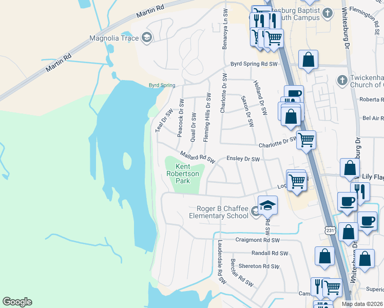 map of restaurants, bars, coffee shops, grocery stores, and more near 7734 Mallard Road Southwest in Huntsville