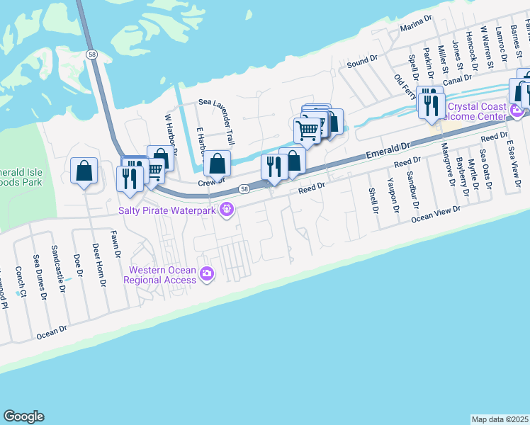 map of restaurants, bars, coffee shops, grocery stores, and more near 8813 Janelle Lane in Emerald Isle
