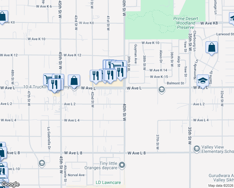 map of restaurants, bars, coffee shops, grocery stores, and more near 4024 West Avenue L in Lancaster