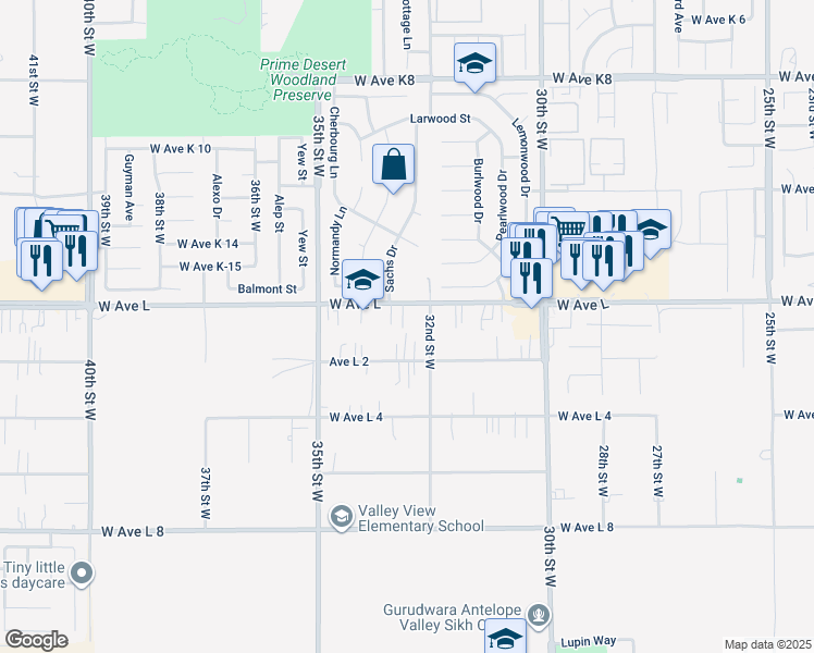 map of restaurants, bars, coffee shops, grocery stores, and more near 3224 West Avenue L in Lancaster