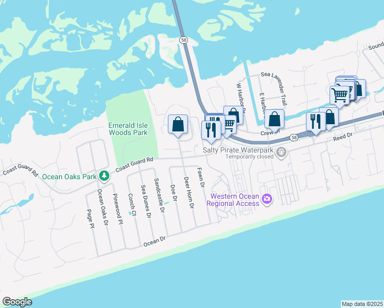 map of restaurants, bars, coffee shops, grocery stores, and more near 300 Osprey Ridge Drive in Emerald Isle