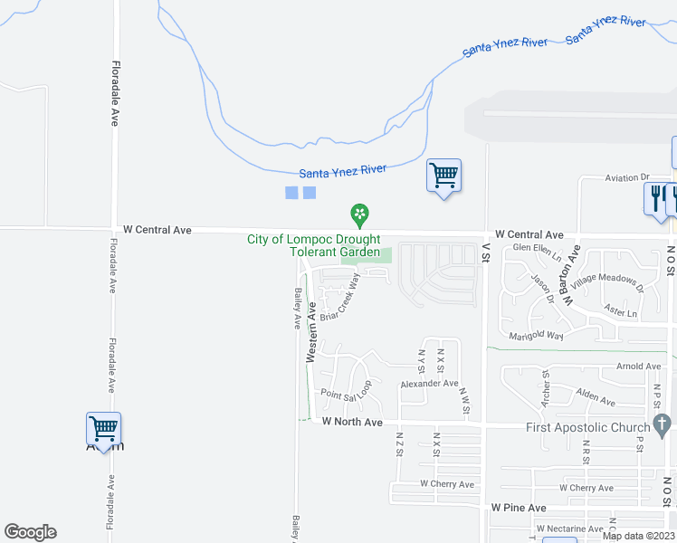 map of restaurants, bars, coffee shops, grocery stores, and more near 2110 Briar Creek Way in Lompoc