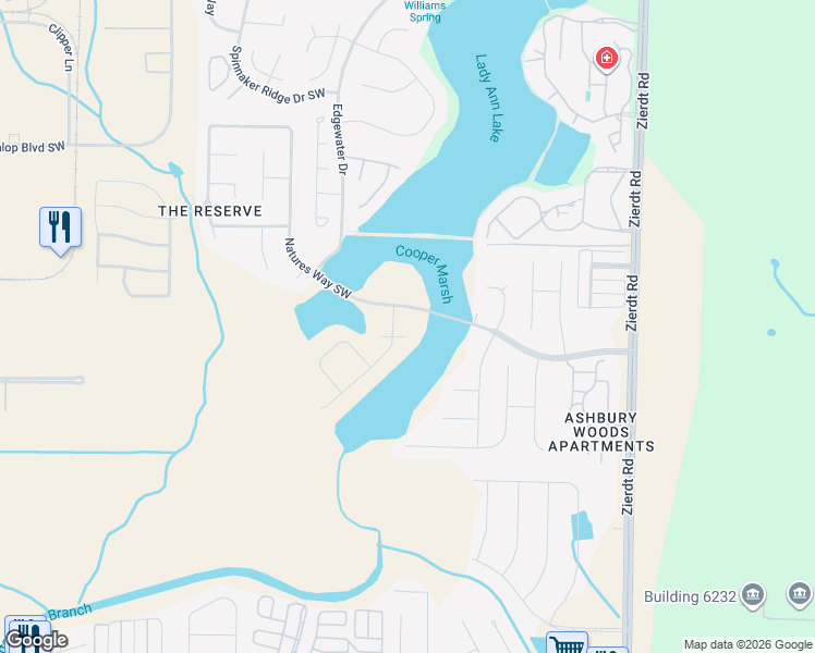 map of restaurants, bars, coffee shops, grocery stores, and more near 101 Willow Lake Circle Southwest in Huntsville