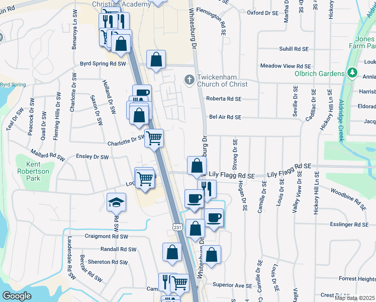 map of restaurants, bars, coffee shops, grocery stores, and more near 8148 Oldfield Road Southwest in Huntsville