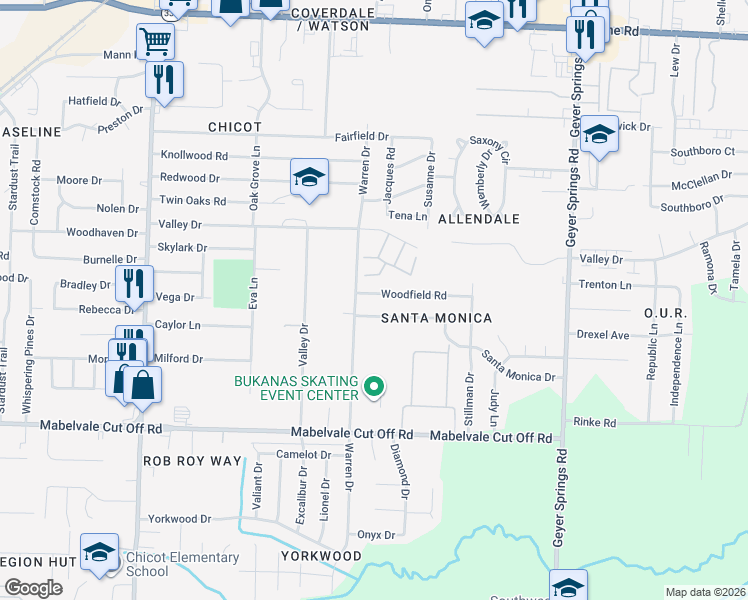 map of restaurants, bars, coffee shops, grocery stores, and more near 6717 Elmore Road in Little Rock