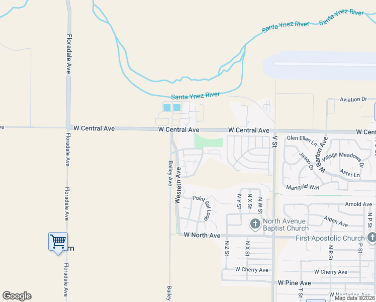 map of restaurants, bars, coffee shops, grocery stores, and more near 2249 Meridian Way in Lompoc