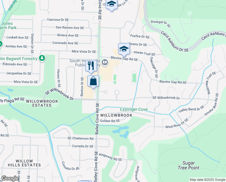 map of restaurants, bars, coffee shops, grocery stores, and more near 8205 Willowbrook Circle Southeast in Huntsville