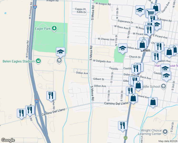 map of restaurants, bars, coffee shops, grocery stores, and more near 1602 West Gilbert Avenue in Belen